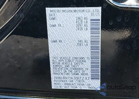 2025 Nissan Altima Sv Fwd из США, поврежденный, VIN 1N4BL4DV7SN397232